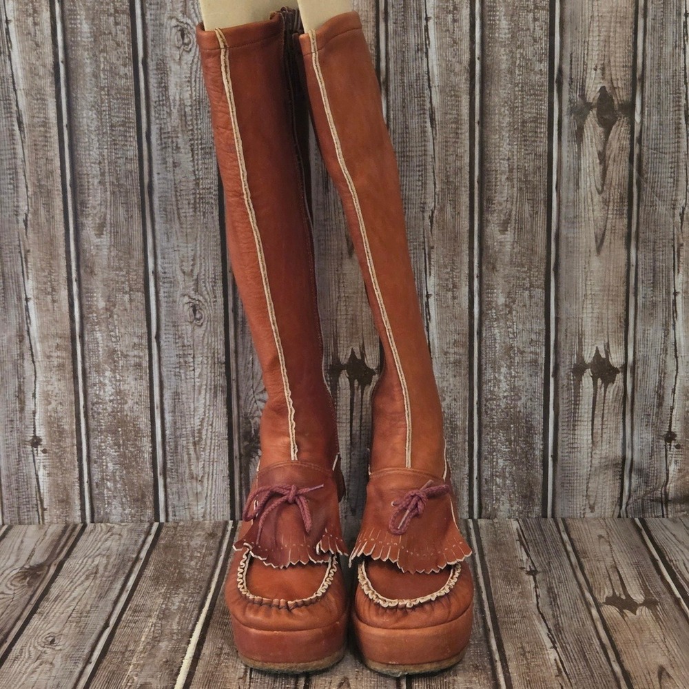 Sz 8 Vintage 1970's Mudpucker Brown Leather Kiltie Moccasin Wedge Boots VGUC